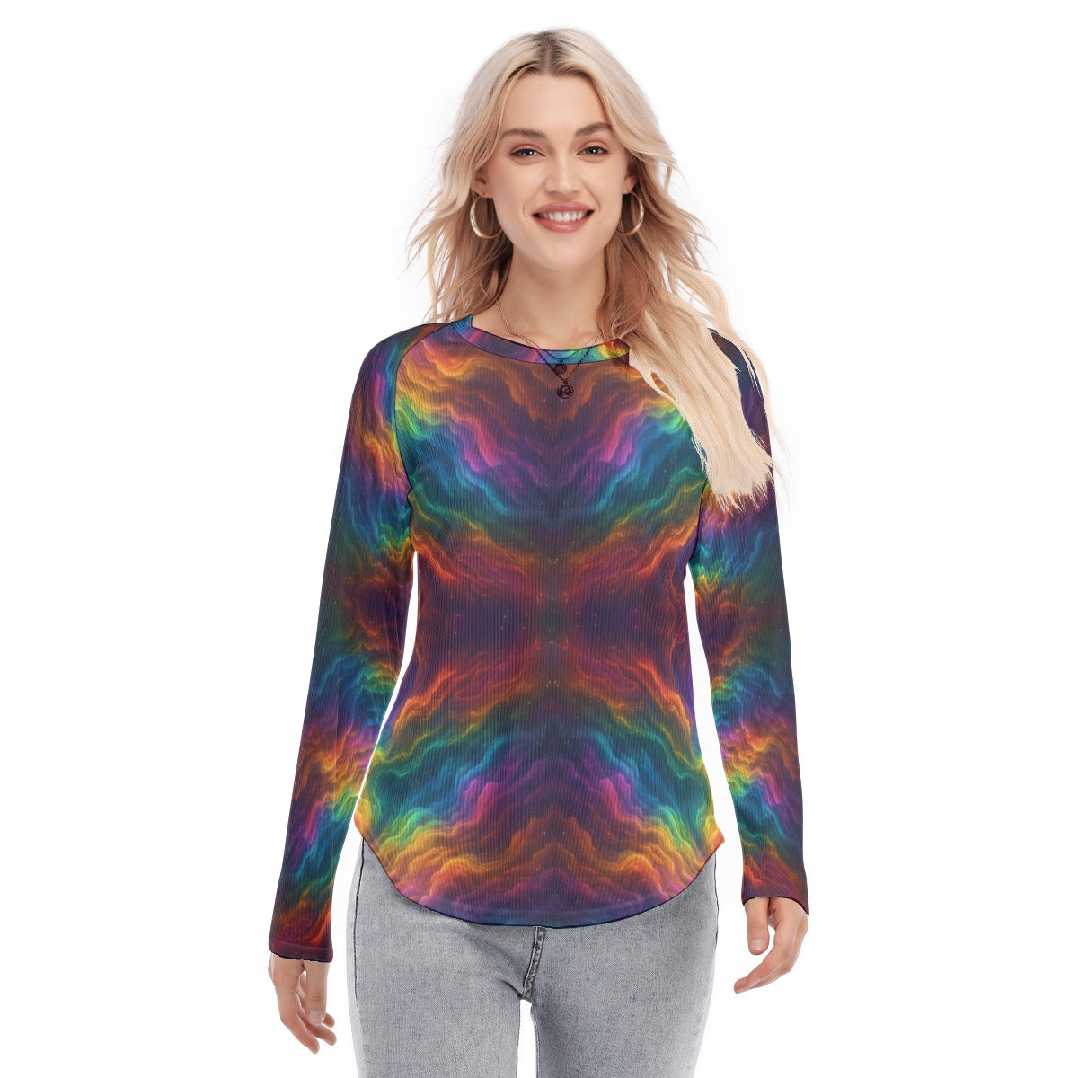 Women's Raglan Sleeves U-Shaped Hem Long Sleeves Blouse