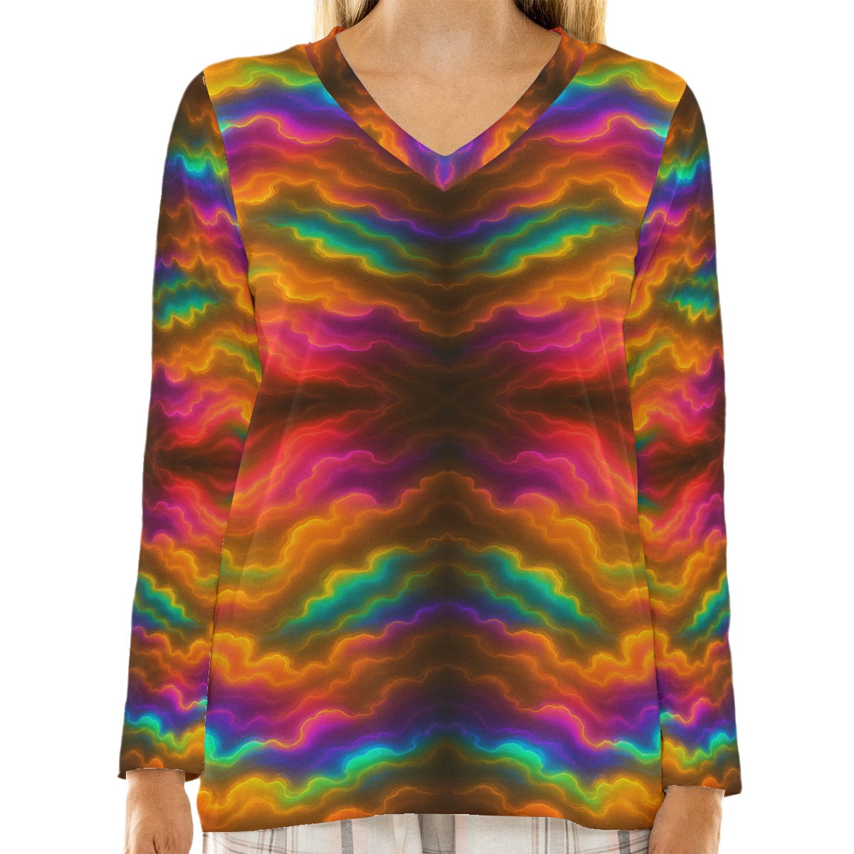 Women's Loose V-Neck T-Shirt With Long Sleeve