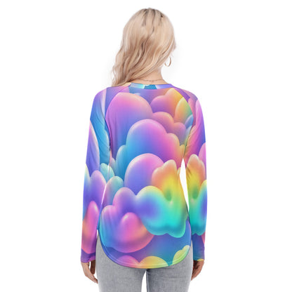 Women's Raglan Sleeves U-Shaped Hem Long Sleeves Blouse