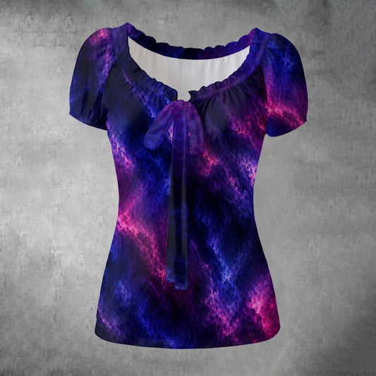 All-over print Women's Puff Sleeve Pleated Shirt