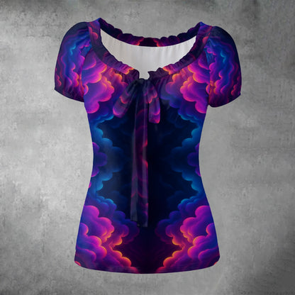 All-over print Women's Puff Sleeve Pleated Shirt