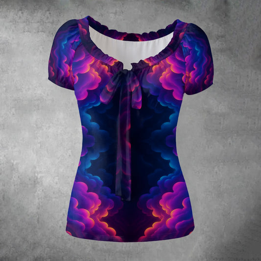 All-over print Women's Puff Sleeve Pleated Shirt