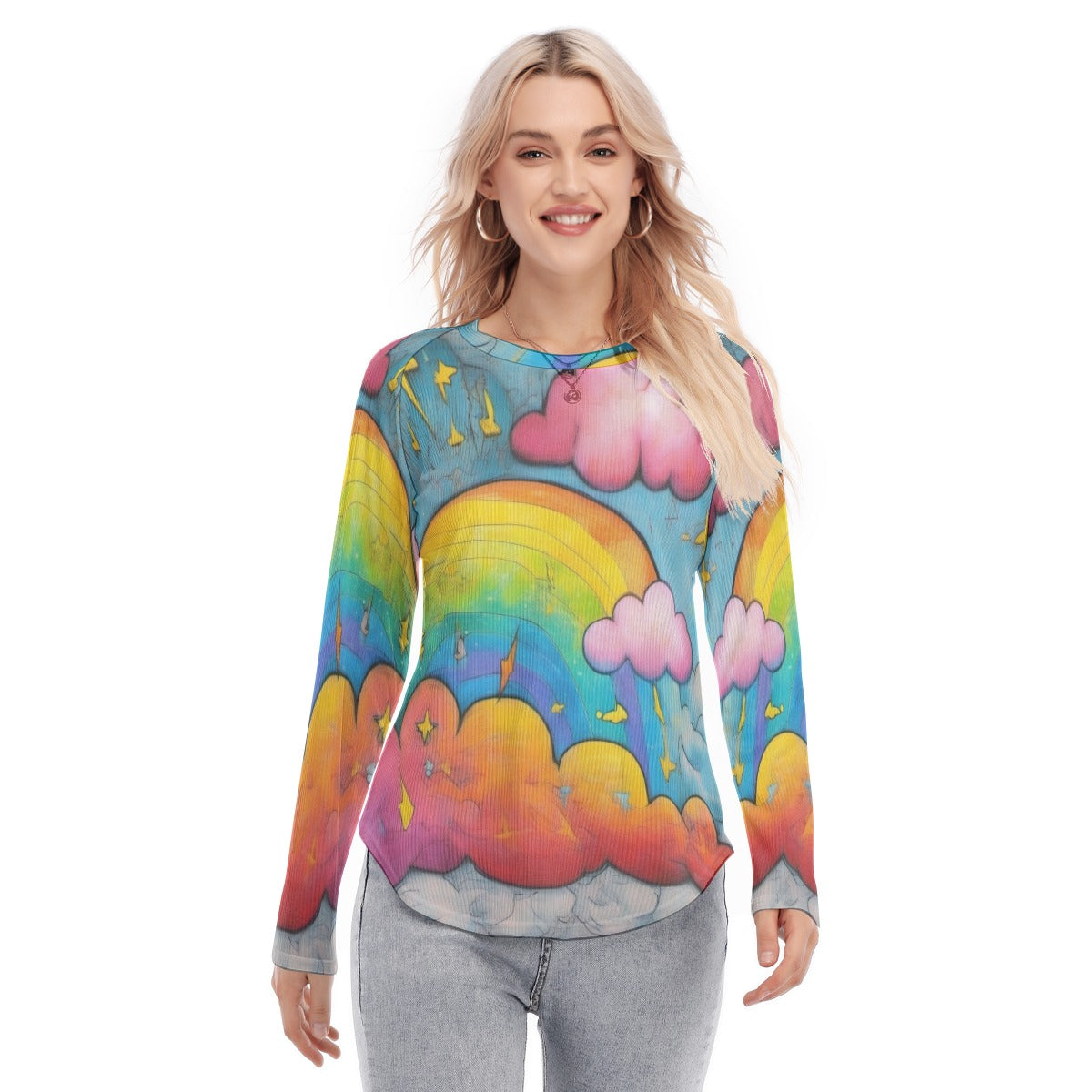 Women's Raglan Sleeves U-Shaped Hem Long Sleeves Blouse
