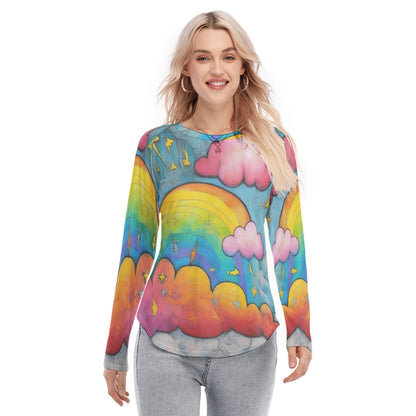 Women's Raglan Sleeves U-Shaped Hem Long Sleeves Blouse