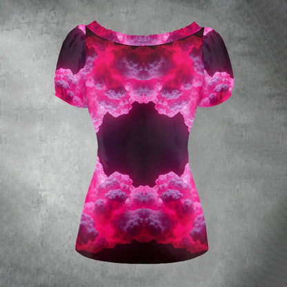 All-over print Women's Puff Sleeve Pleated Shirt