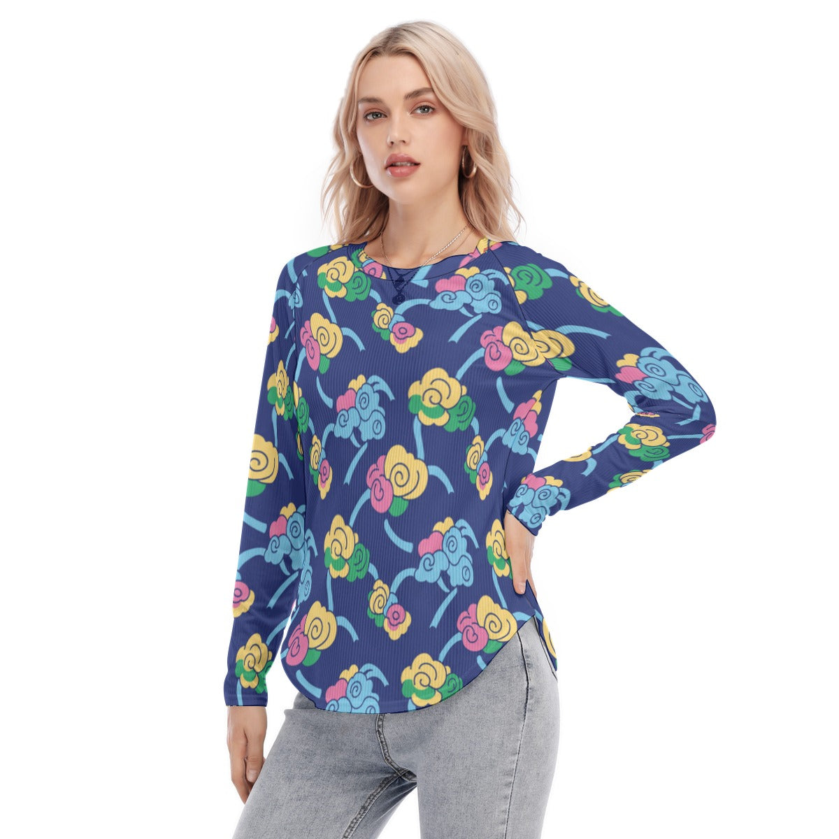 Women's Raglan Sleeves U-Shaped Hem Long Sleeves Blouse