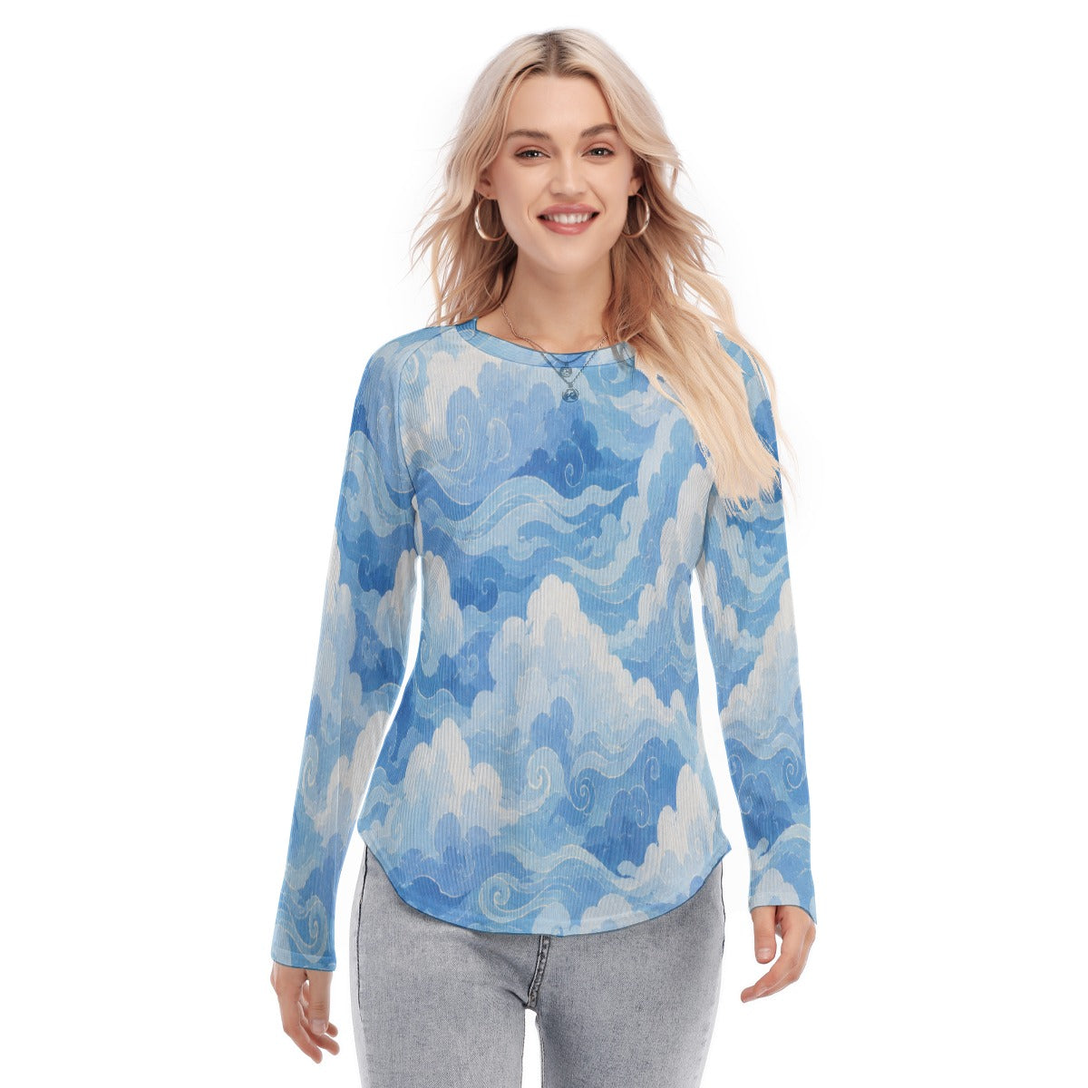 Women's Raglan Sleeves U-Shaped Hem Long Sleeves Blouse