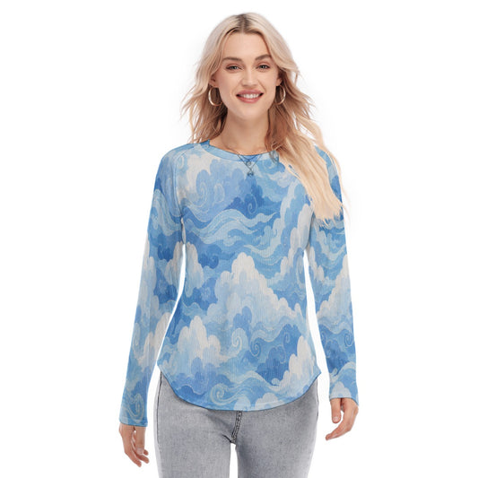 Women's Raglan Sleeves U-Shaped Hem Long Sleeves Blouse