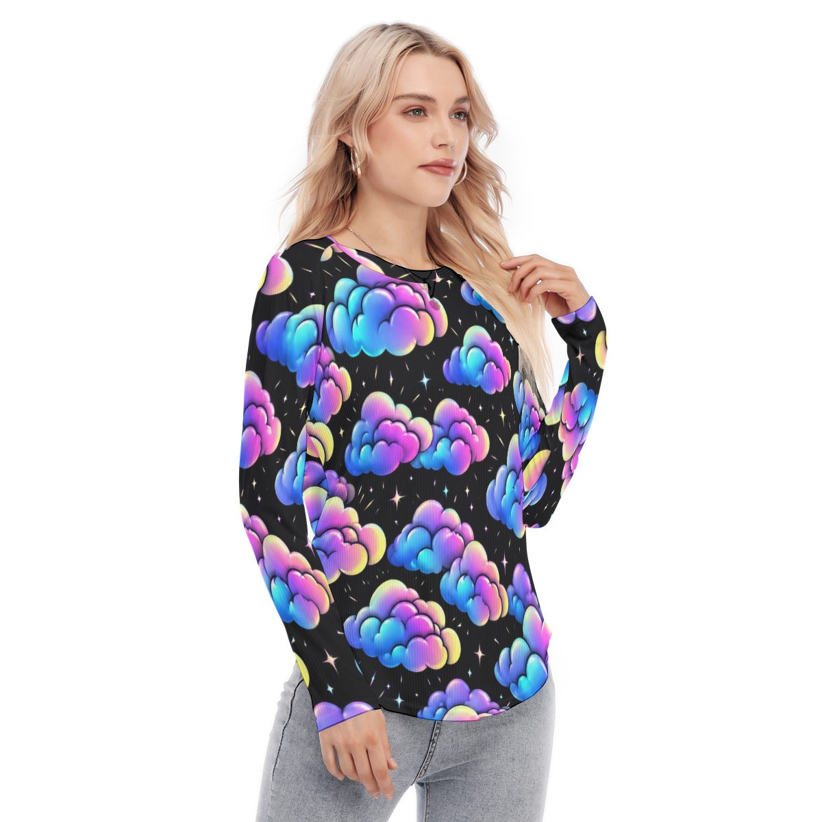 Women's Raglan Sleeves U-Shaped Hem Long Sleeves Blouse