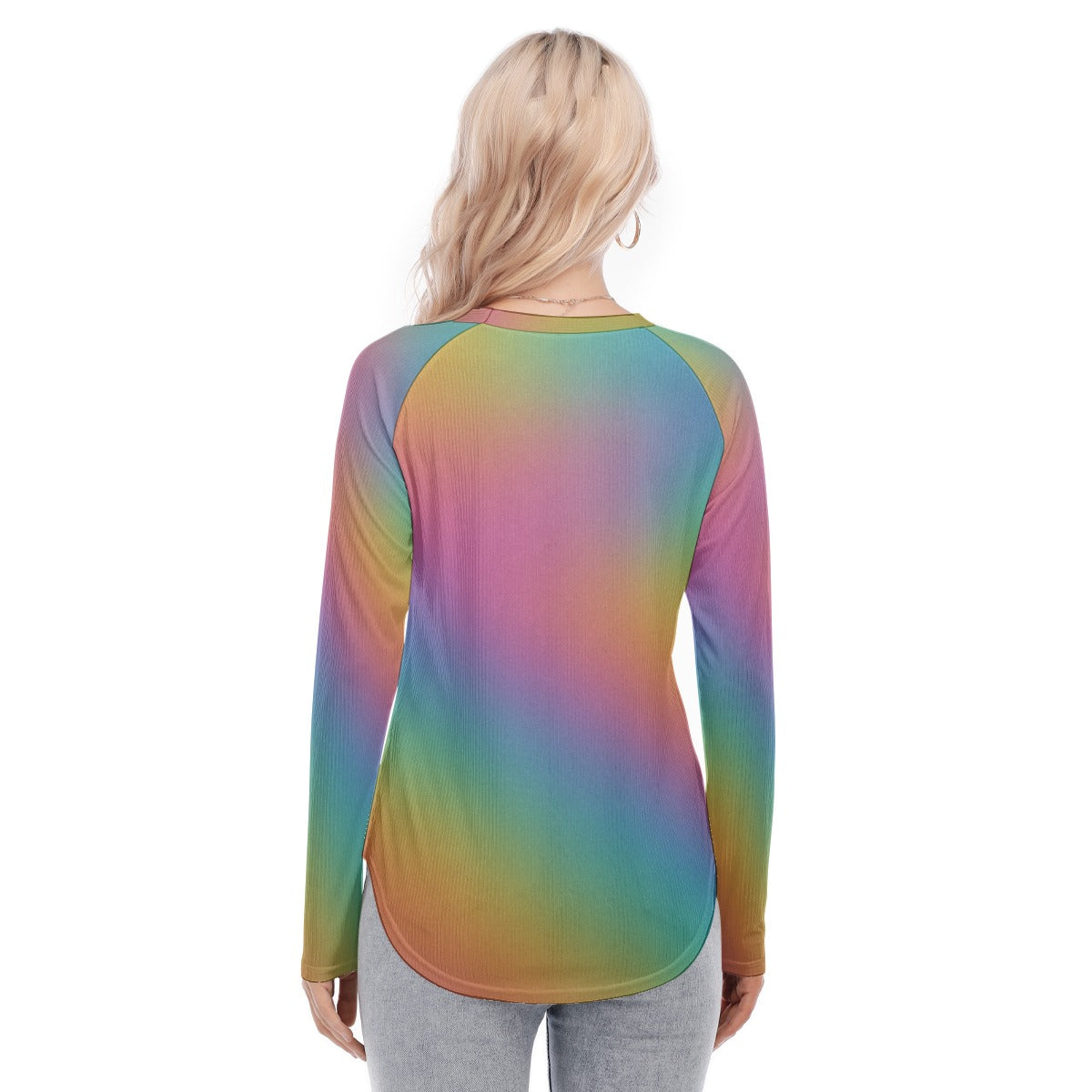 Women's Raglan Sleeves U-Shaped Hem Long Sleeves Blouse