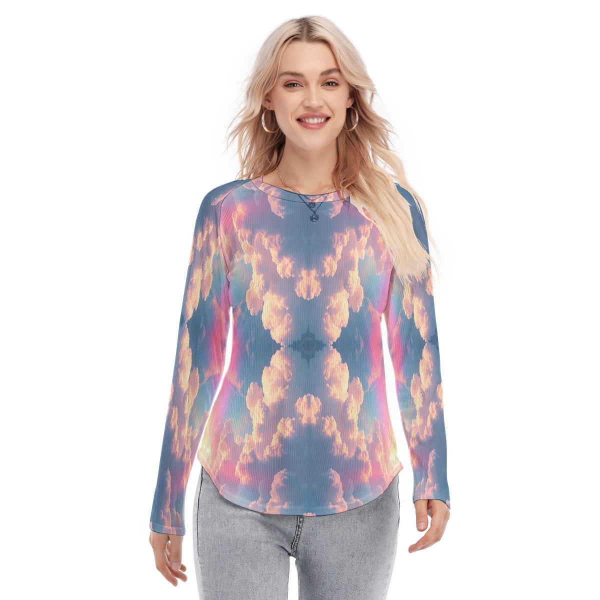 Women's Raglan Sleeves U-Shaped Hem Long Sleeves Blouse