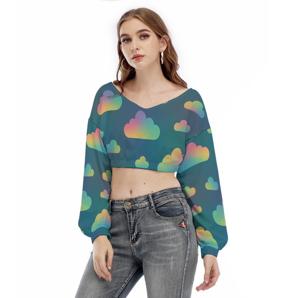 Women's V-neck Long Sleeve Cropped Sweatshirt