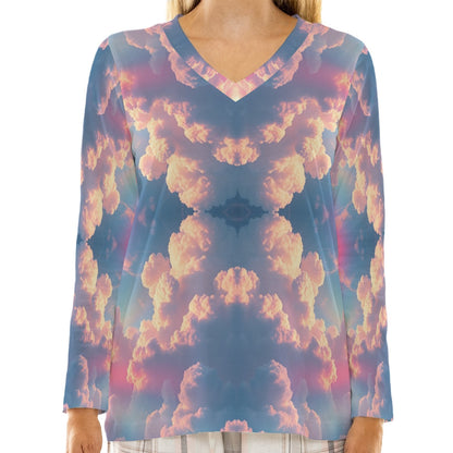 Women's Loose V-Neck T-Shirt With Long Sleeve