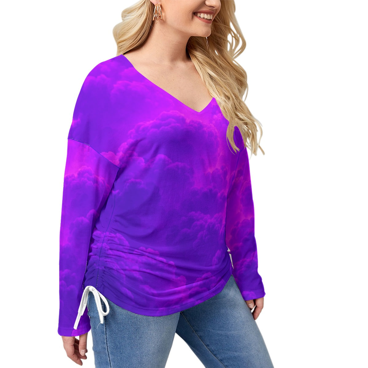 Unisex Women’s V-neck T-shirt With Side Drawstring(Plus Size)