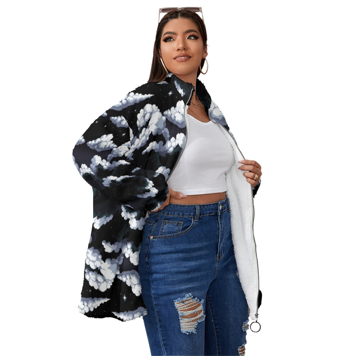 Unisex Borg Fleece Stand-up Collar Coat With Zipper Closure(Plus Size)