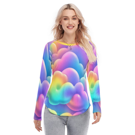 Women's Raglan Sleeves U-Shaped Hem Long Sleeves Blouse