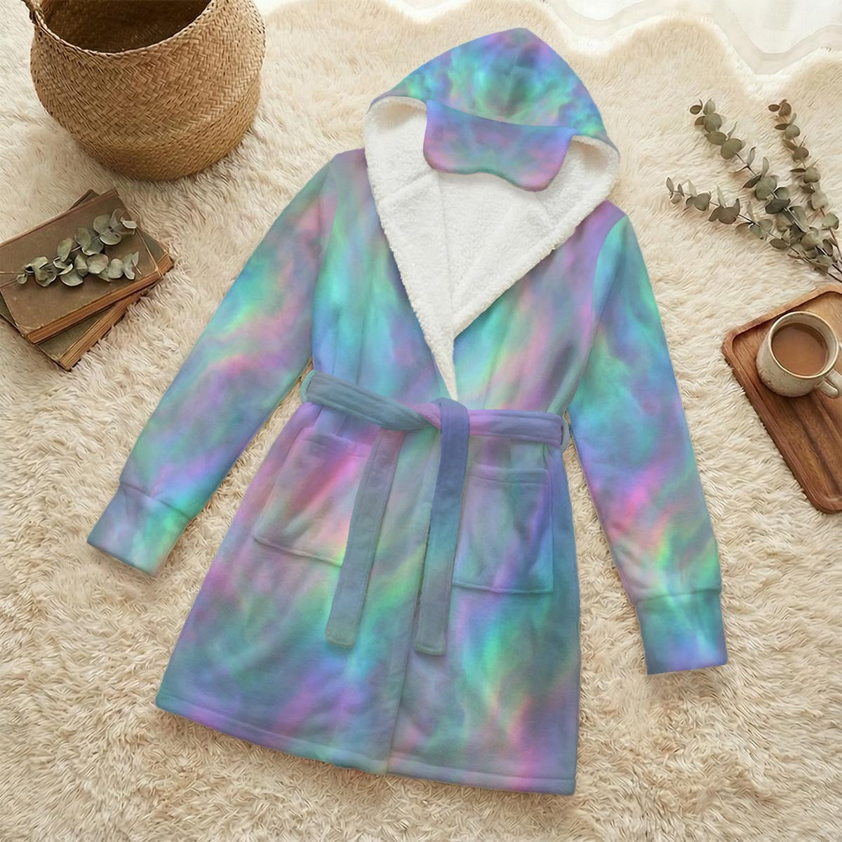 Unisex Flannel Hooded Robe With Eye Mask