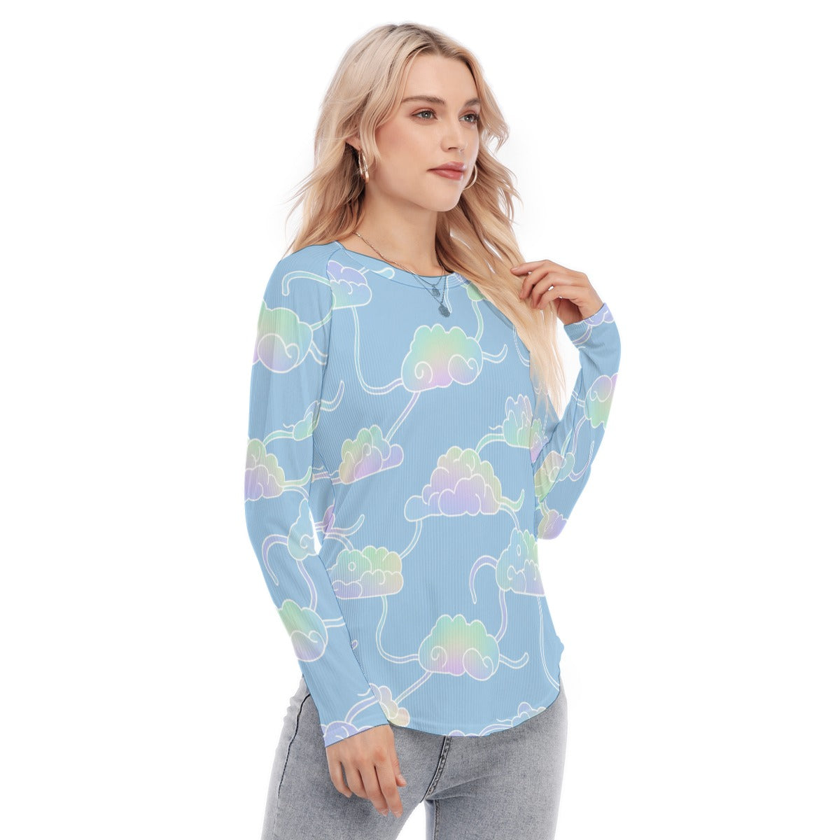 Women's Raglan Sleeves U-Shaped Hem Long Sleeves Blouse