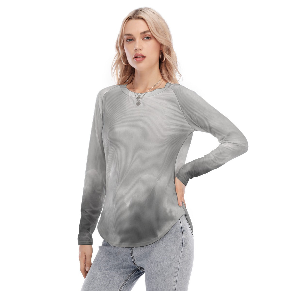 Women's Raglan Sleeves U-Shaped Hem Long Sleeves Blouse
