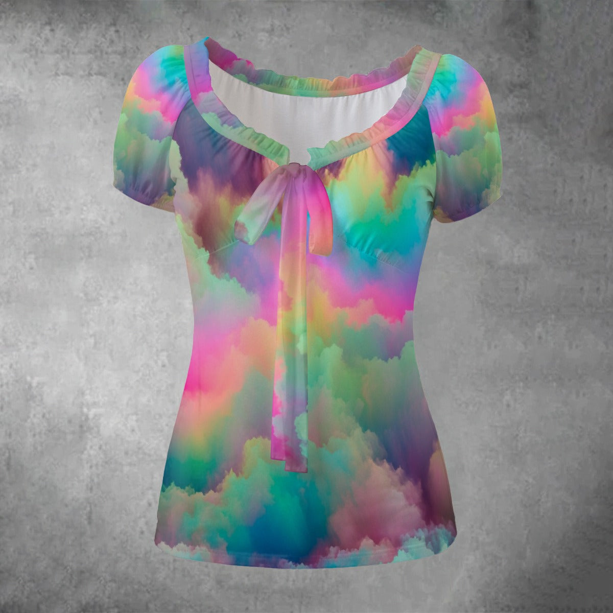 All-over print Women's Puff Sleeve Pleated Shirt