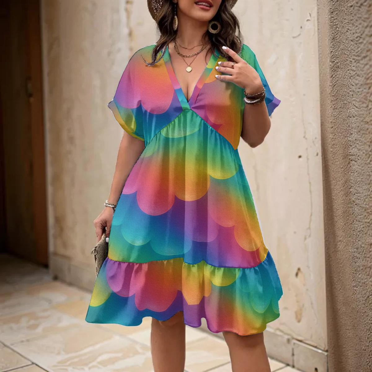 Unisex Women’s Floral V-Neck Short Sleeve Dress