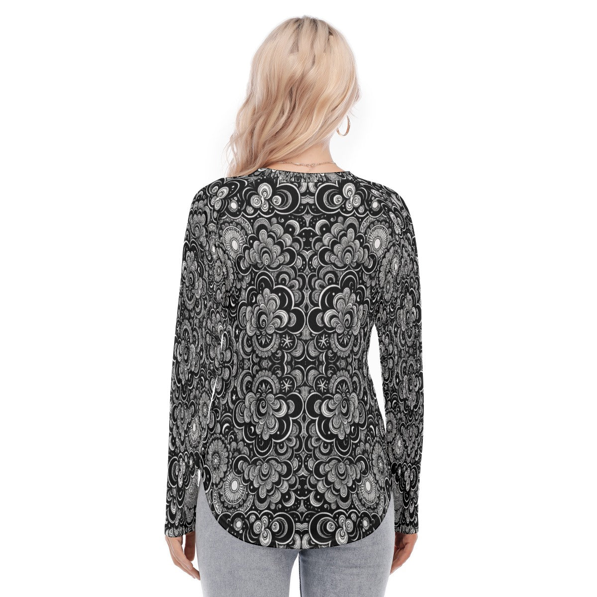 Women's Raglan Sleeves U-Shaped Hem Long Sleeves Blouse