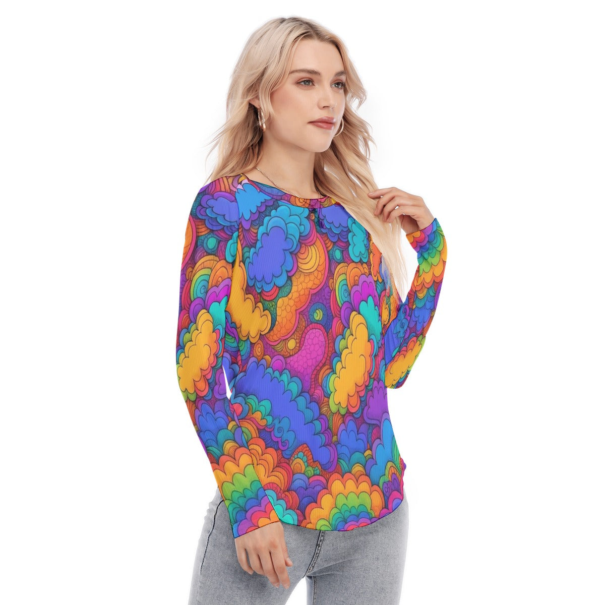 Women's Raglan Sleeves U-Shaped Hem Long Sleeves Blouse