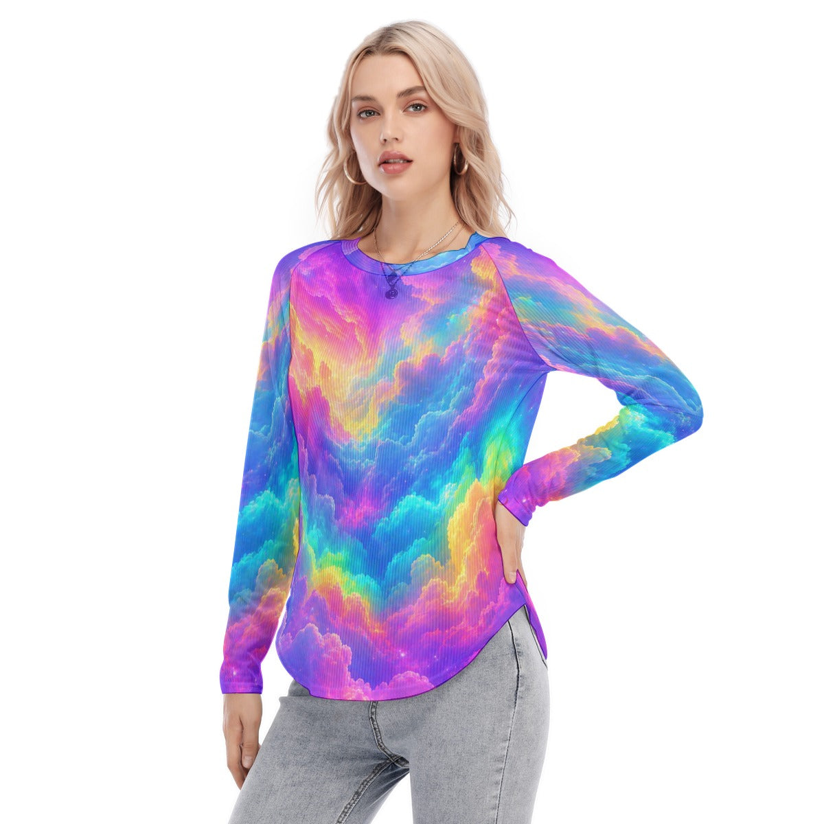 Women's Raglan Sleeves U-Shaped Hem Long Sleeves Blouse