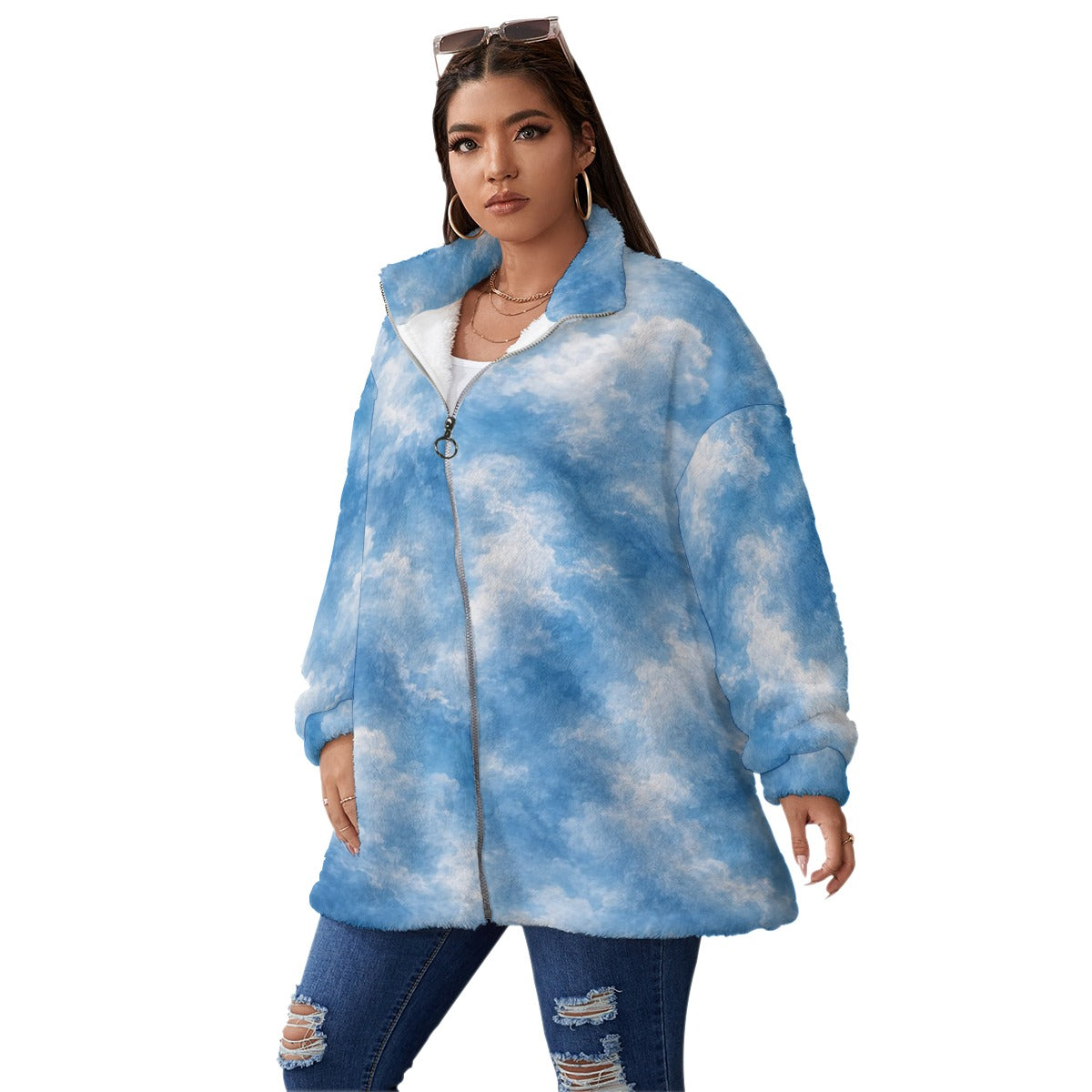 Unisex Borg-Fleece Stand-Up Collar Zip Coat — Plus Size - view 2