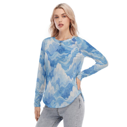 Women's Raglan Sleeves U-Shaped Hem Long Sleeves Blouse