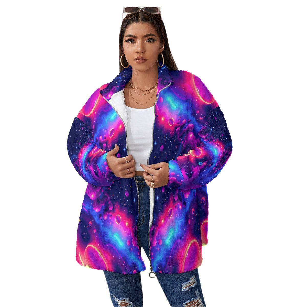 Unisex Borg Fleece Stand-up Collar Coat With Zipper Closure(Plus Size)