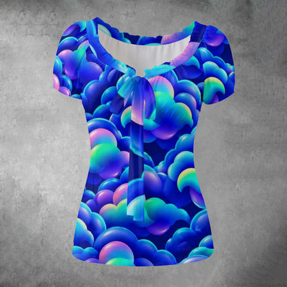All-over print Women's Puff Sleeve Pleated Shirt