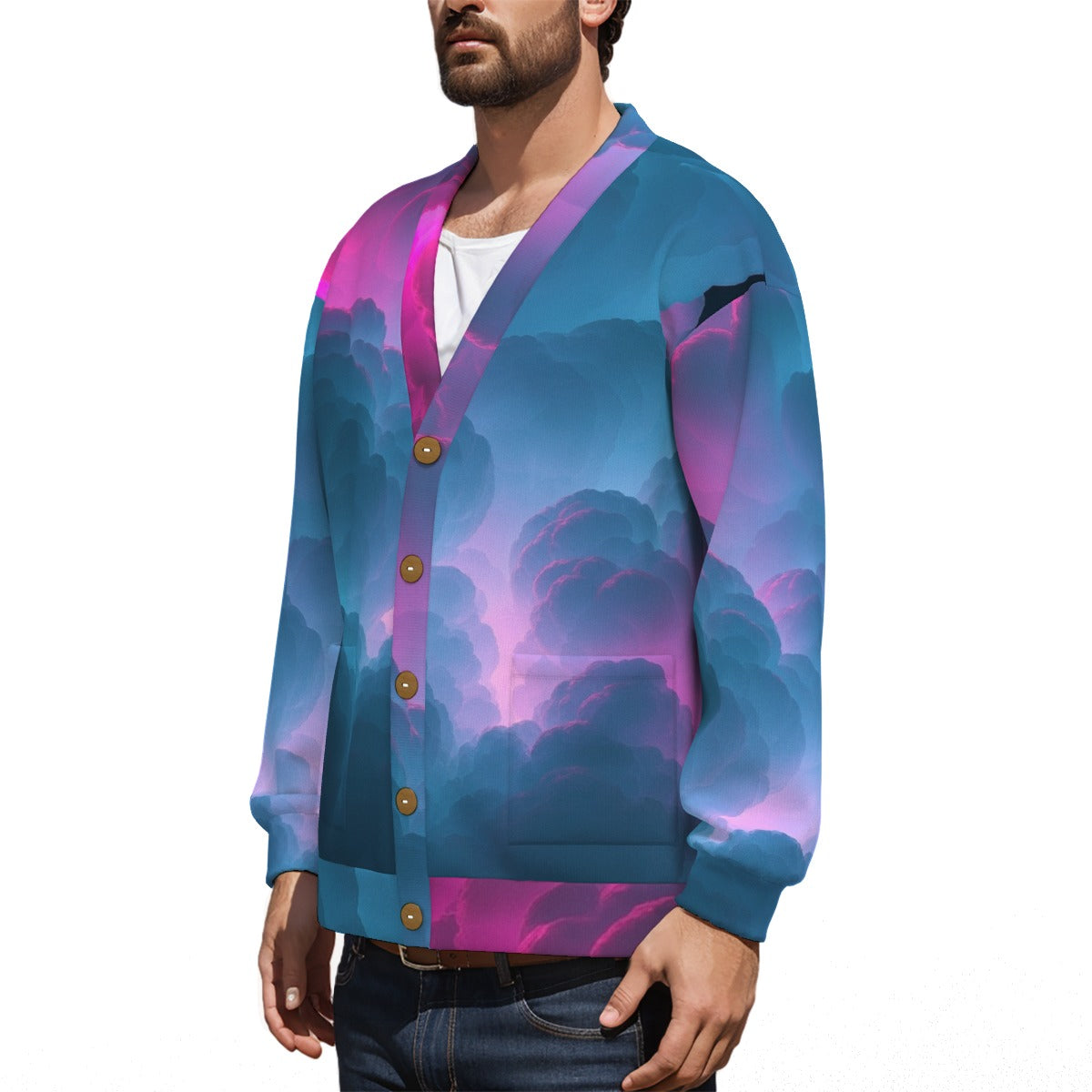 Unisex V-neck Knitted Fleece Cardigan With Button Closure