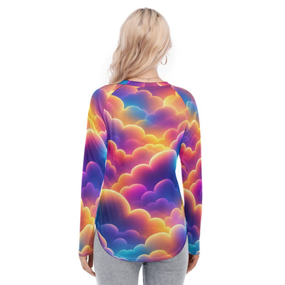 Women's Raglan Sleeves U-Shaped Hem Long Sleeves Blouse