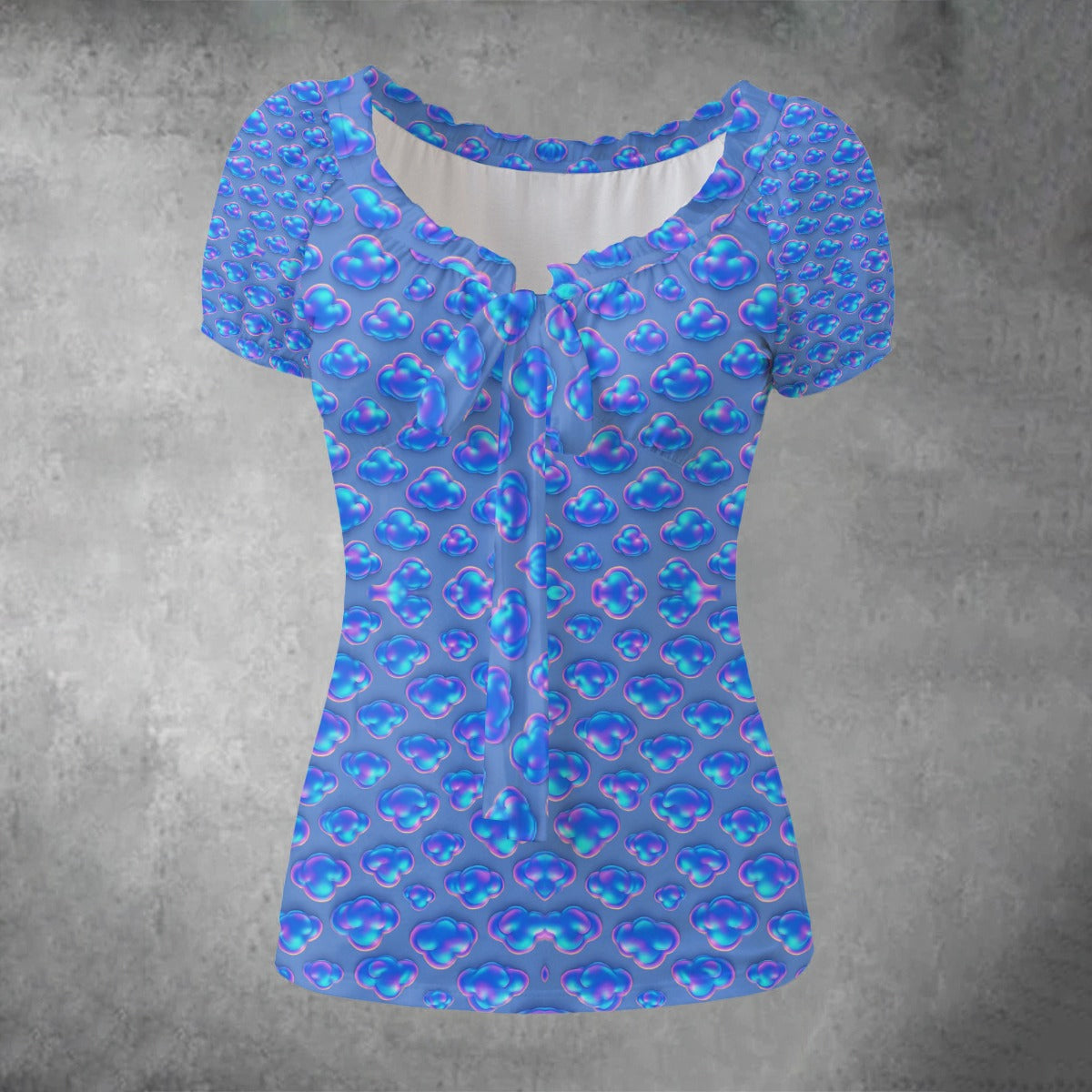 All-over print Women's Puff Sleeve Pleated Shirt