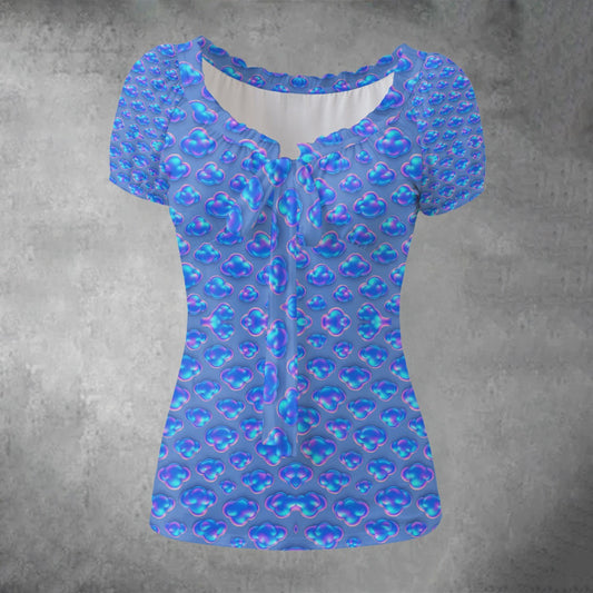 All-over print Women's Puff Sleeve Pleated Shirt