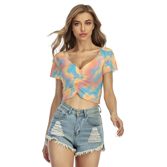 Women's Raglan Drawstring Front Crop Tee