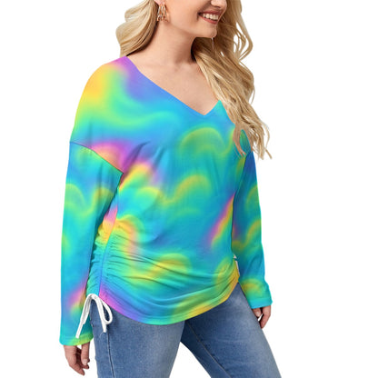 Unisex Women’s V-neck T-shirt With Side Drawstring(Plus Size)