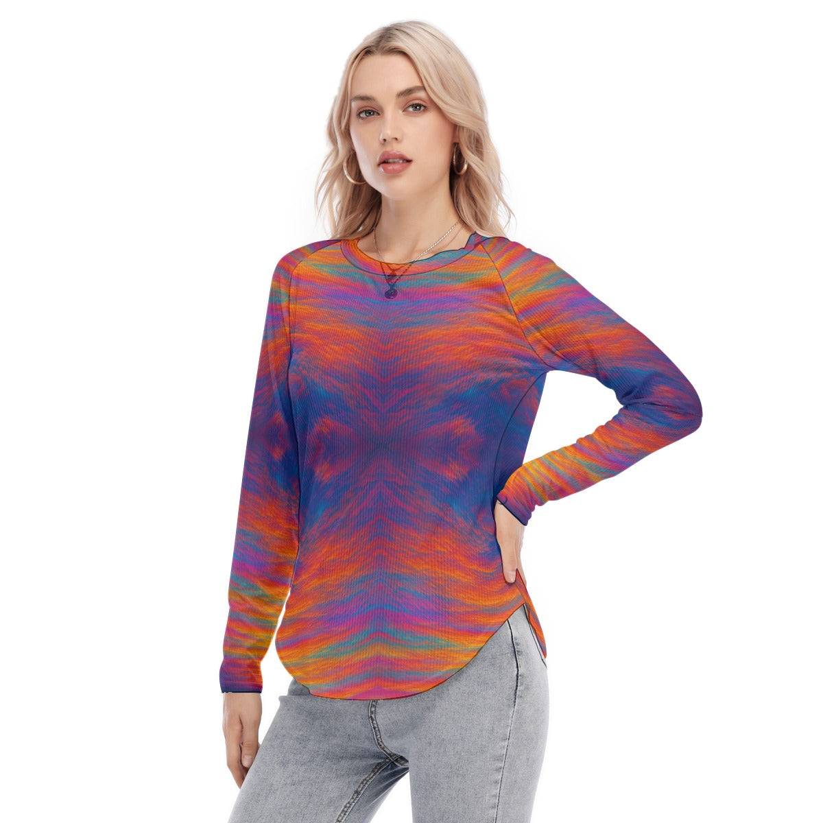 Women's Raglan Sleeves U-Shaped Hem Long Sleeves Blouse