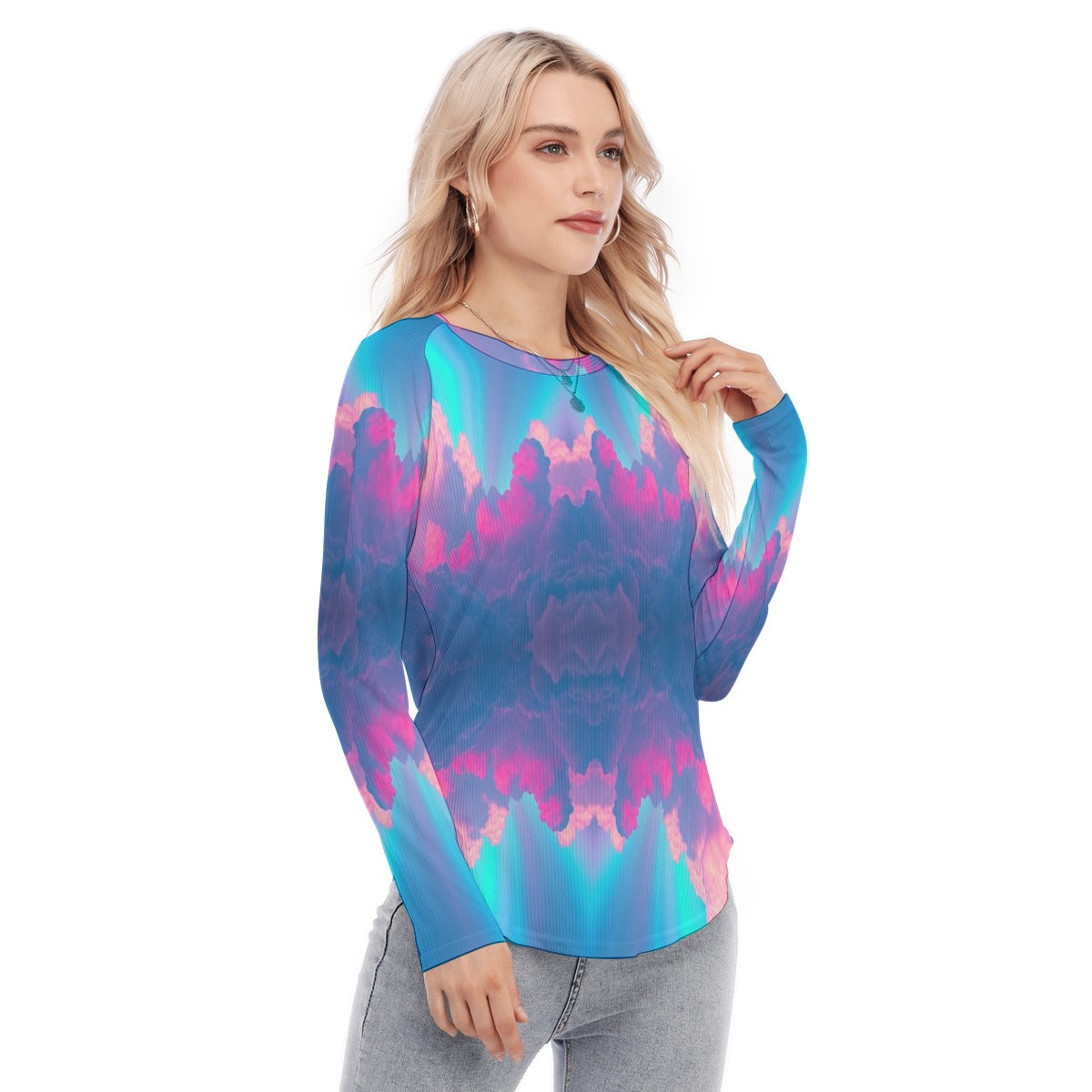 Women's Raglan Sleeves U-Shaped Hem Long Sleeves Blouse
