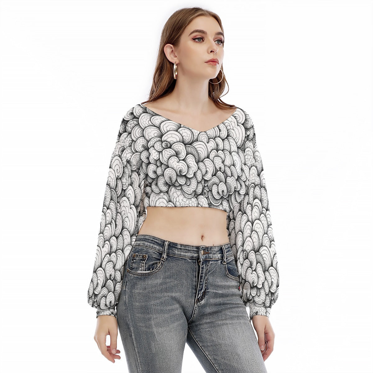 Women's V-neck Long Sleeve Cropped Sweatshirt