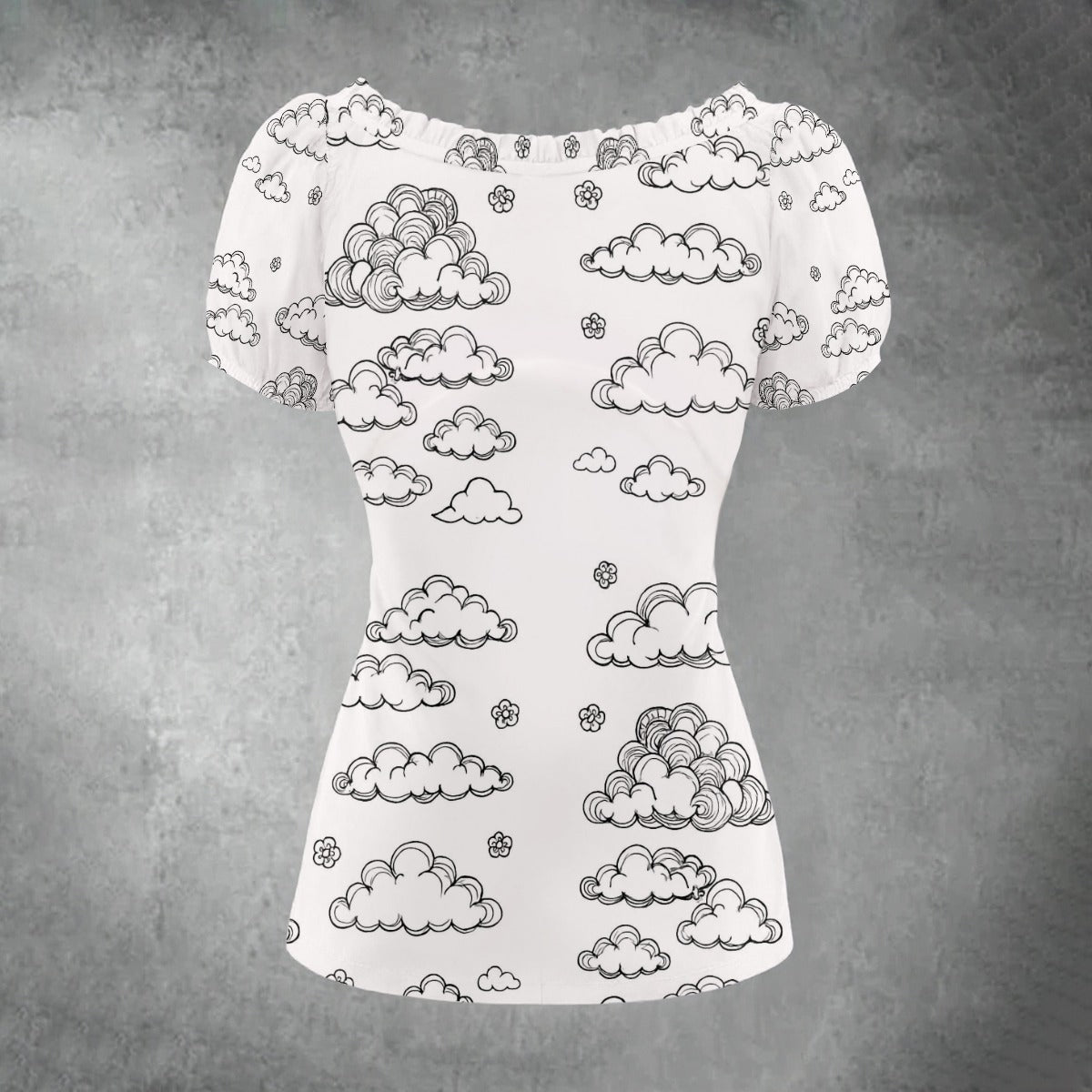 All-over print Women's Puff Sleeve Pleated Shirt