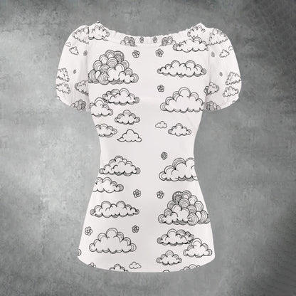 All-over print Women's Puff Sleeve Pleated Shirt