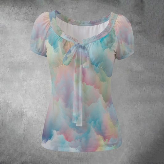 All-over print Women's Puff Sleeve Pleated Shirt