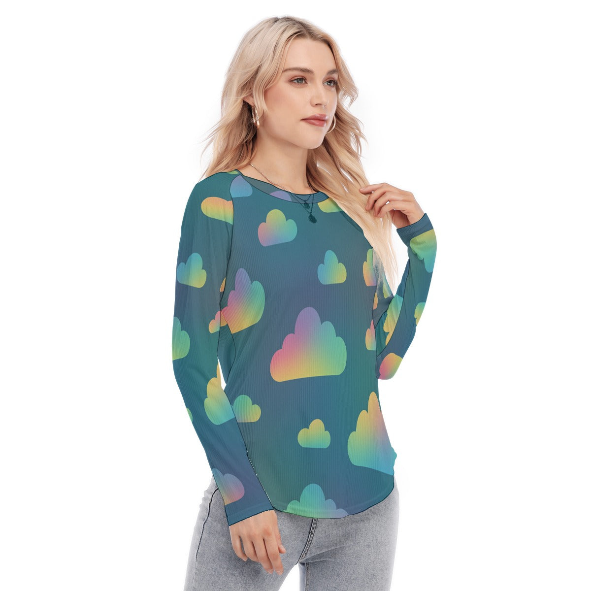 Women's Raglan Sleeves U-Shaped Hem Long Sleeves Blouse