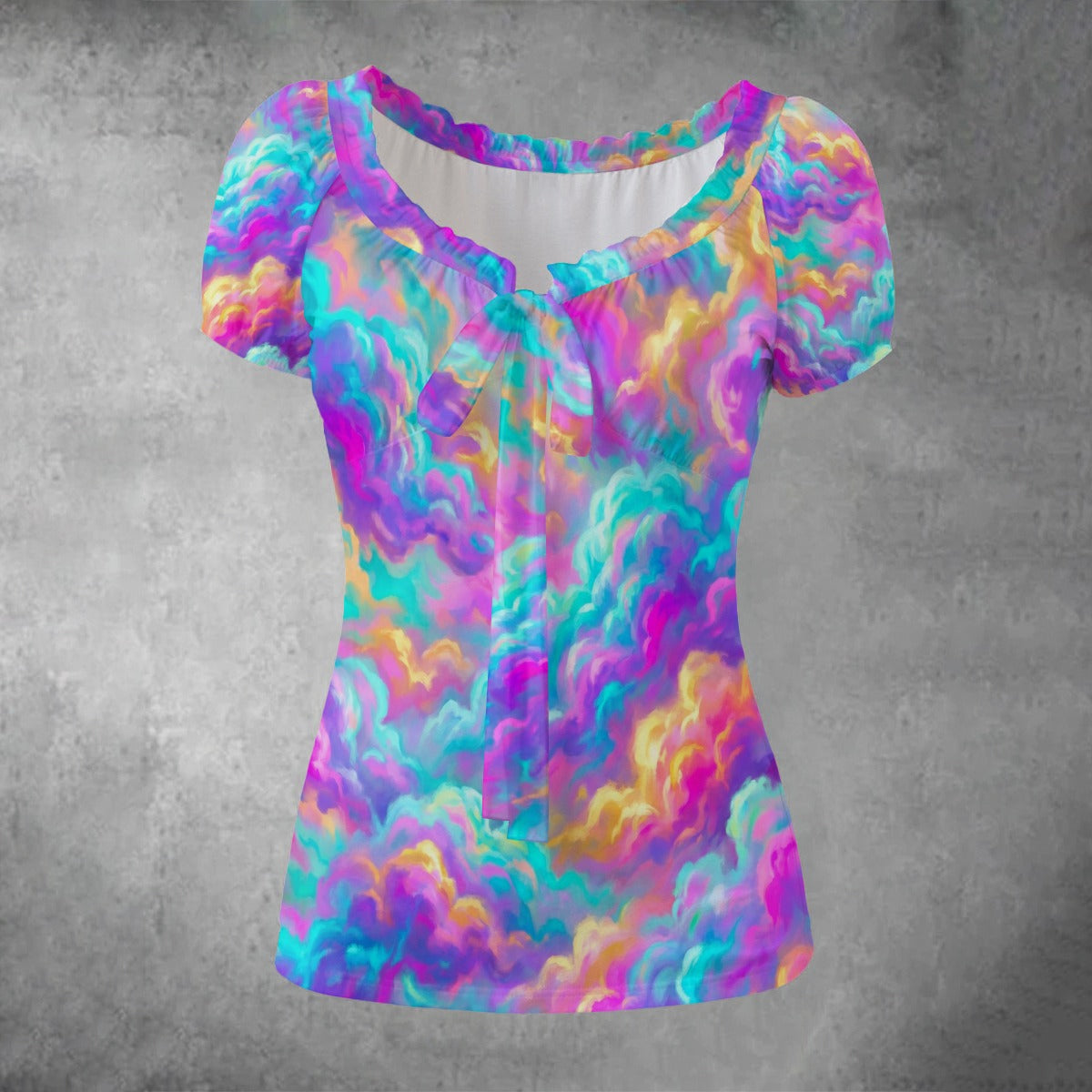 All-over print Women's Puff Sleeve Pleated Shirt