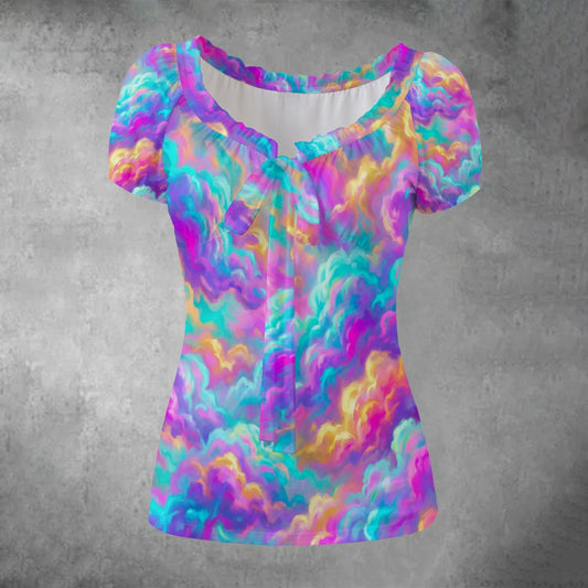 All-over print Women's Puff Sleeve Pleated Shirt