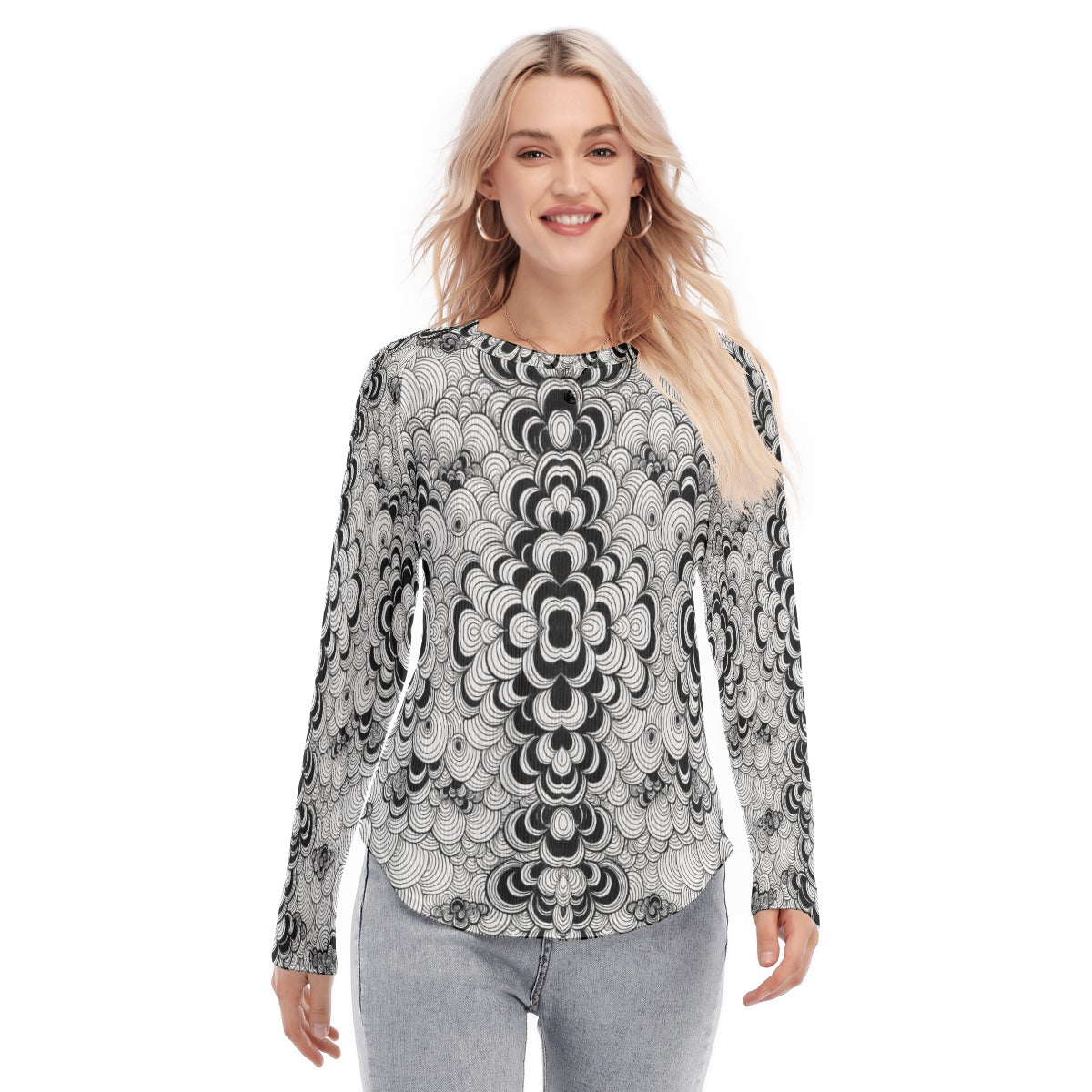 Women's Raglan Sleeves U-Shaped Hem Long Sleeves Blouse