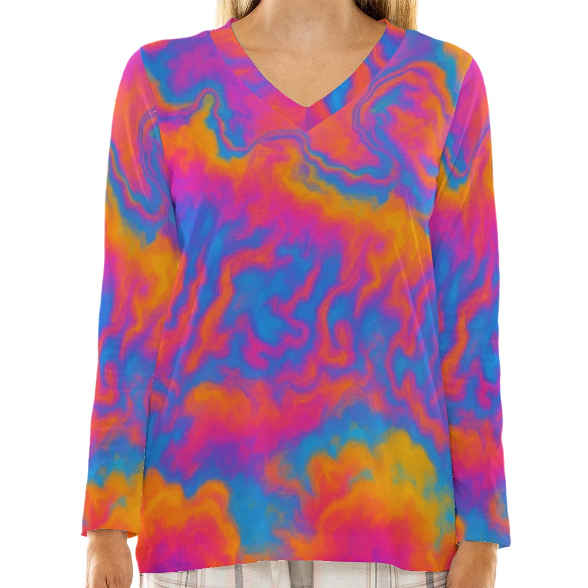 Women's Loose V-Neck T-Shirt With Long Sleeve