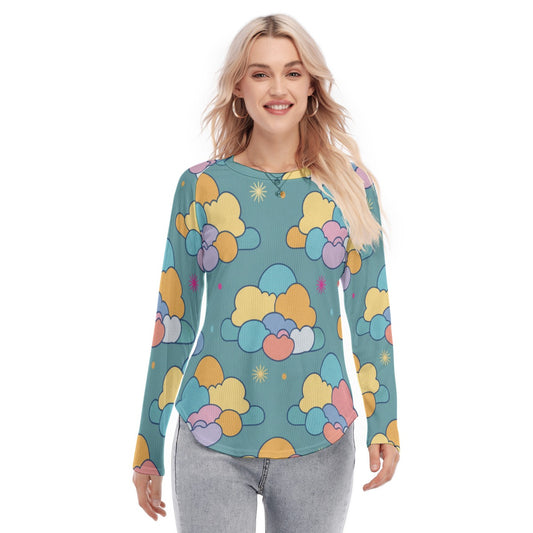 Women's Raglan Sleeves U-Shaped Hem Long Sleeves Blouse
